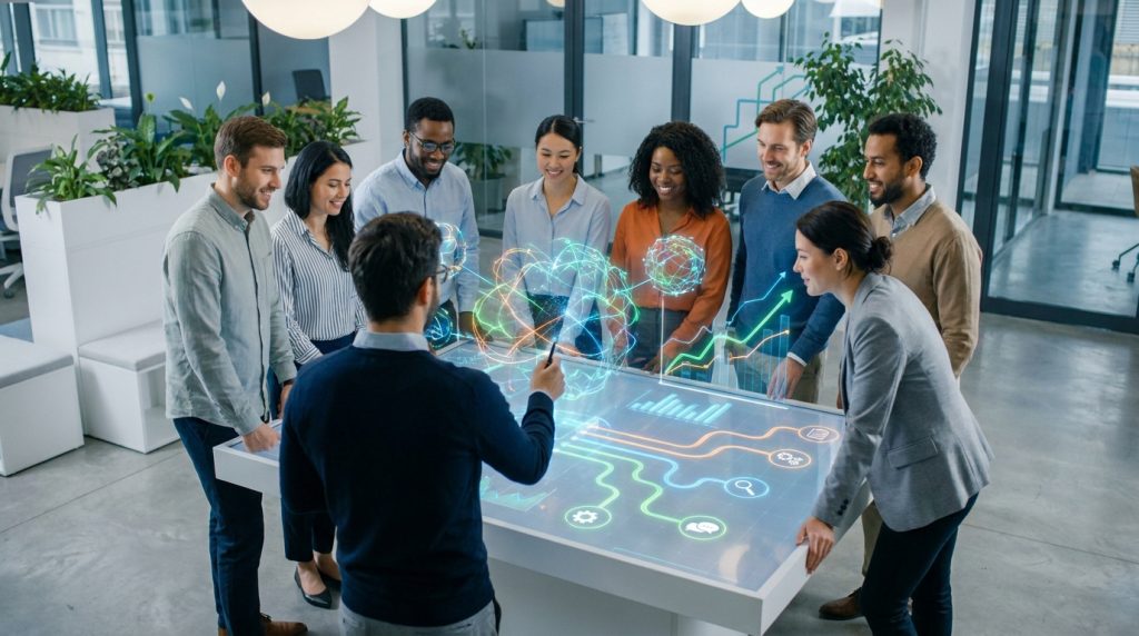 Une équipe diversifiée collabore autour d'une table numérique interactive affichant des données et des graphiques.