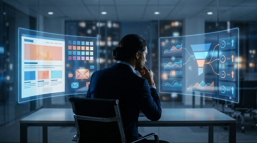 Un homme d'affaires travaillant sur des écrans holographiques affichant des données marketing et des entonnoirs de vente.