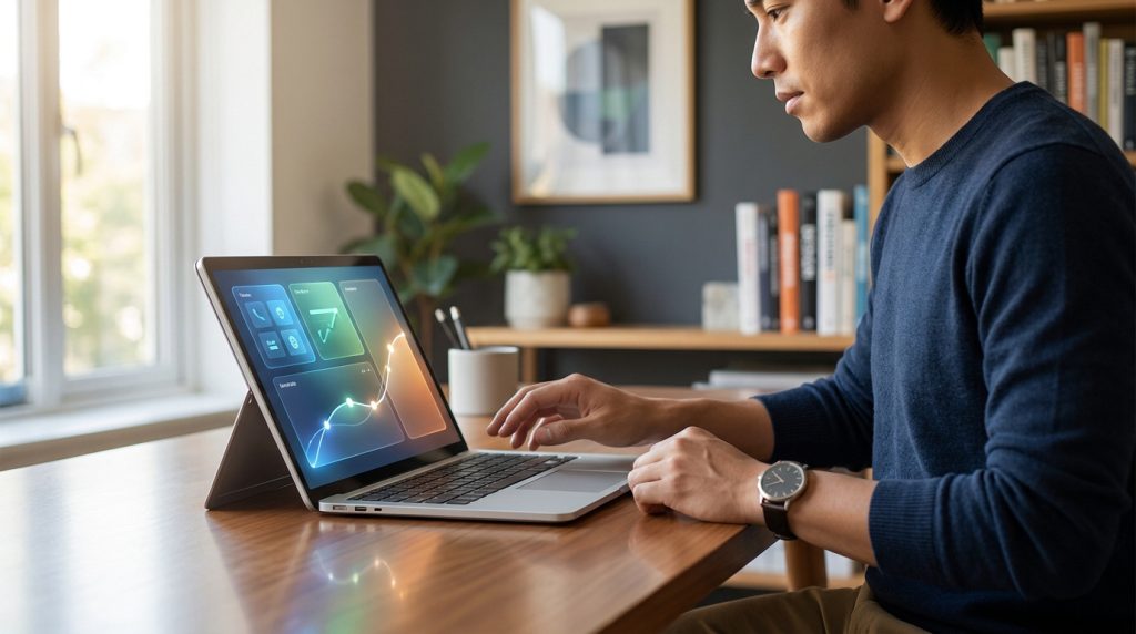 Homme travaillant sur un ordinateur portable affichant des graphiques financiers dans un bureau moderne.