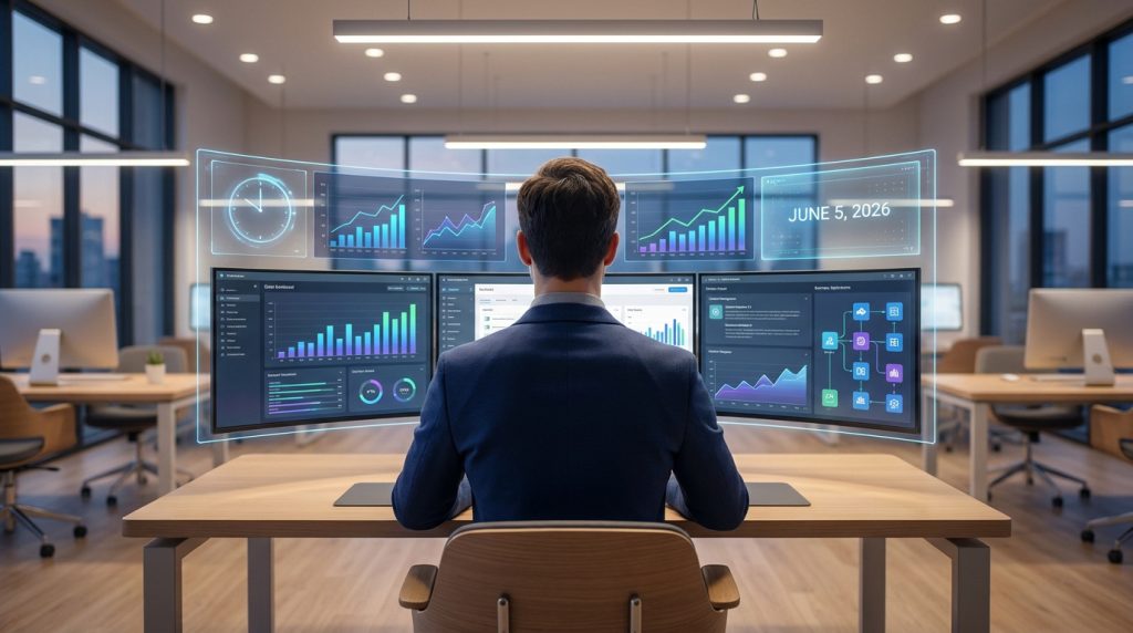 Un professionnel devant trois écrans affichant des graphiques de performance et des données analytiques en 2026.