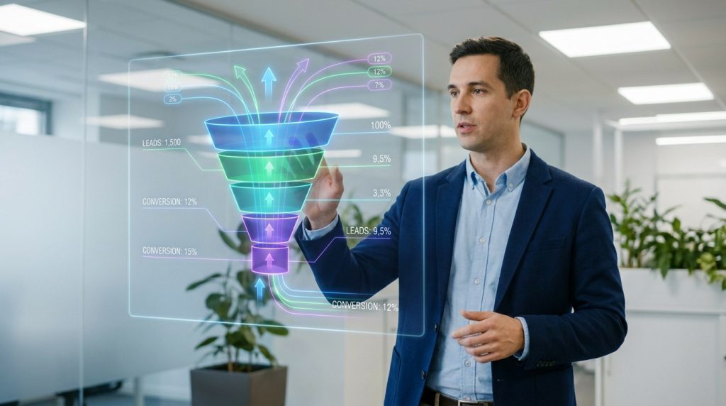 Un homme d'affaires interagit avec un tunnel de vente numérique holographique affichant des données de conversion.