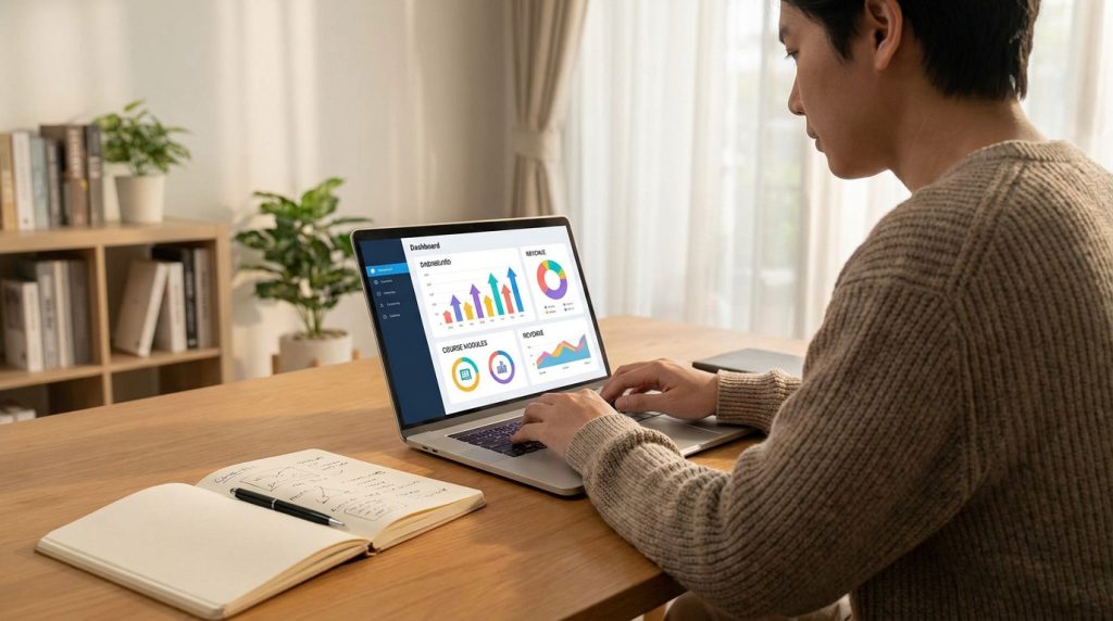 Un homme travaillant sur un ordinateur portable affichant des graphiques de ventes et de statistiques de formation.
