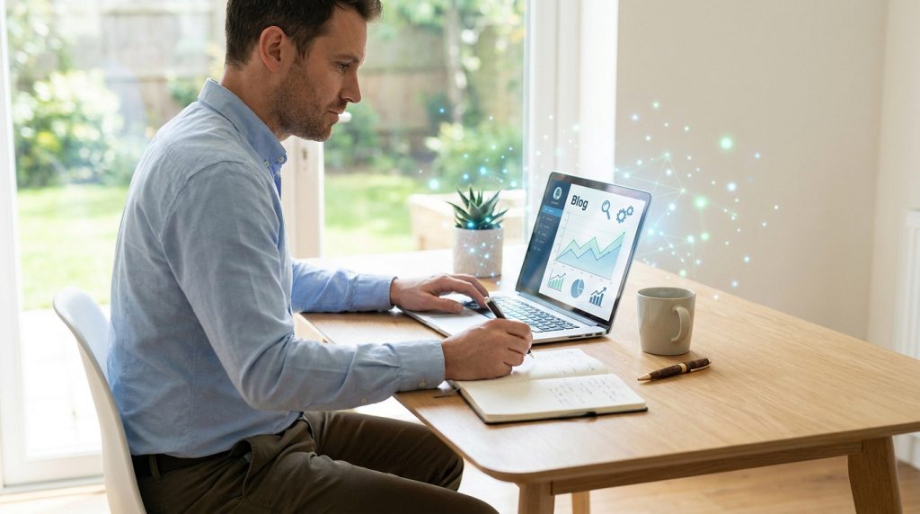Un homme travaillant sur un ordinateur portable affichant des graphiques de performance pour un blog rentable.