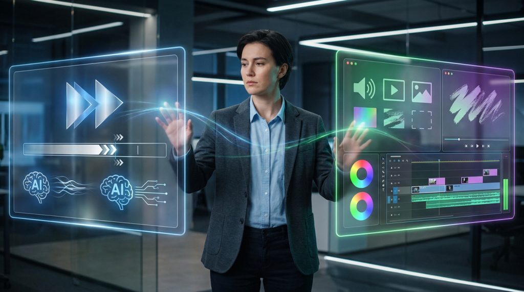 Une femme utilisant une interface holographique futuriste pour monter des vidéos grâce à l'intelligence artificielle.