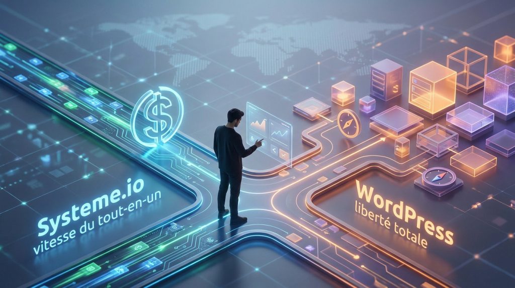 Comparatif visuel entre Systeme.io et WordPress pour la création de tunnels de vente.