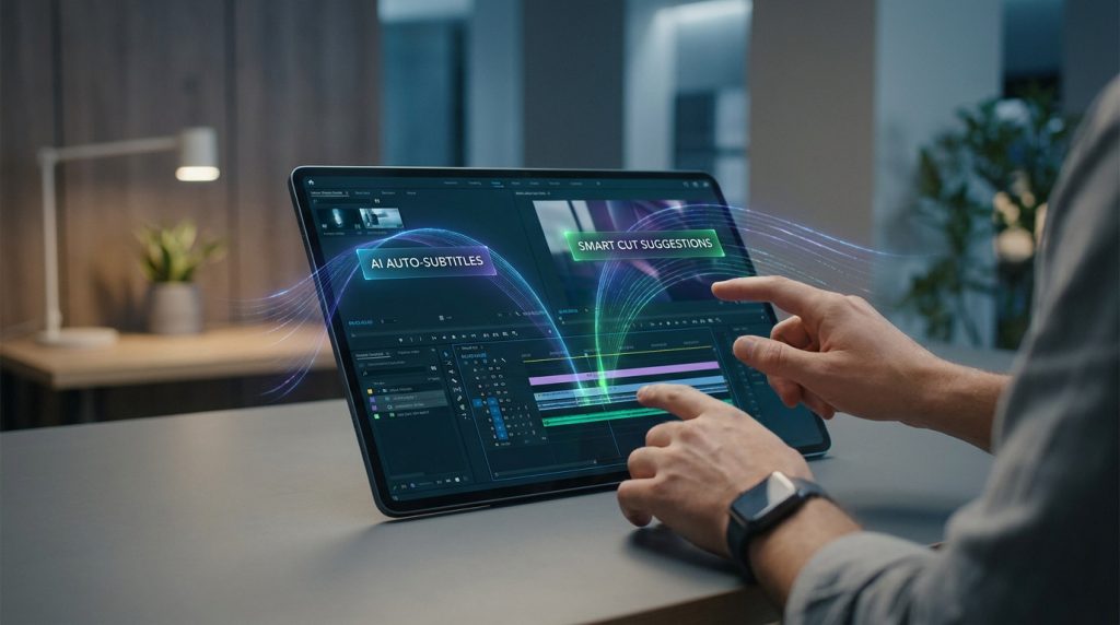 Une personne utilise une tablette pour le montage vidéo avec des interfaces holographiques IA de sous-titres et de coupe.