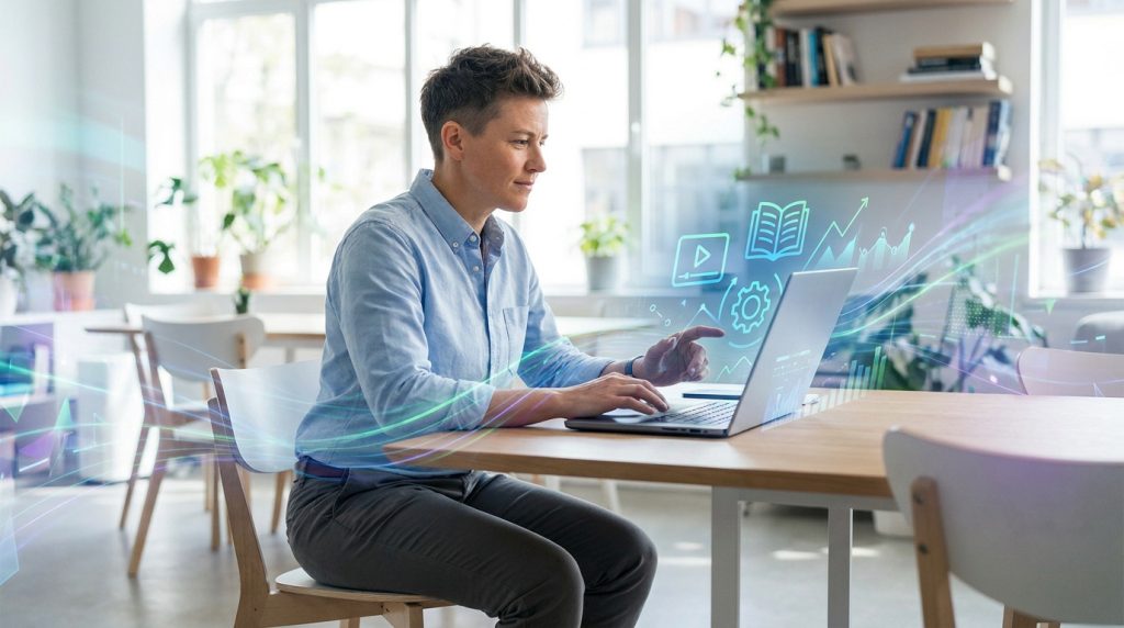 Personne travaillant sur un ordinateur portable entourée d'icônes holographiques représentant des outils numériques.