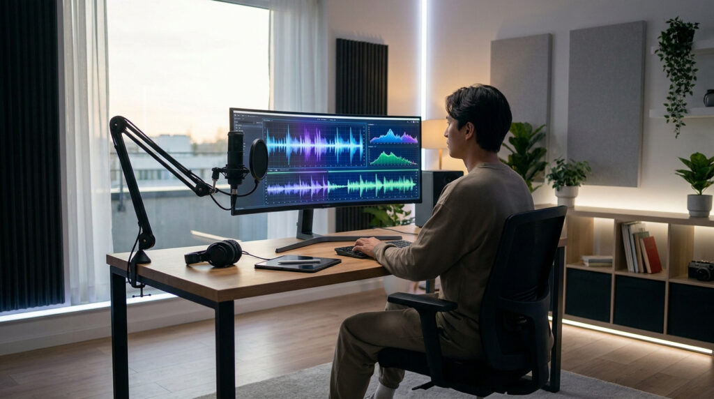 Un créateur de contenu travaillant sur un montage audio professionnel devant un écran large dans un studio moderne.