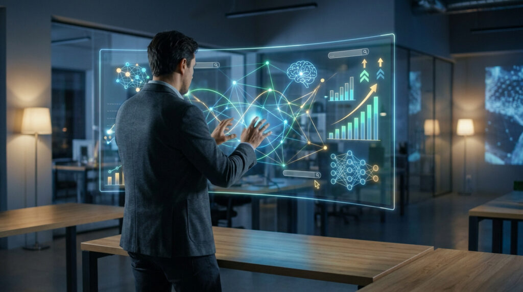 Un homme d'affaires interagissant avec une interface numérique holographique futuriste représentant des données et l'IA.