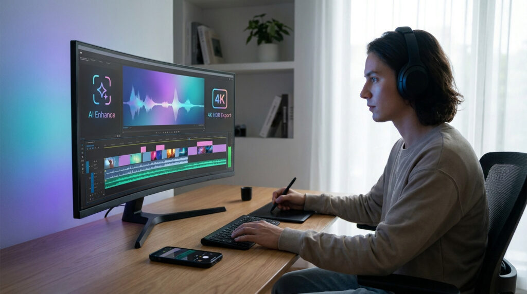 Un monteur vidéo portant un casque travaille sur un grand écran incurvé affichant l'interface de montage CapCut.